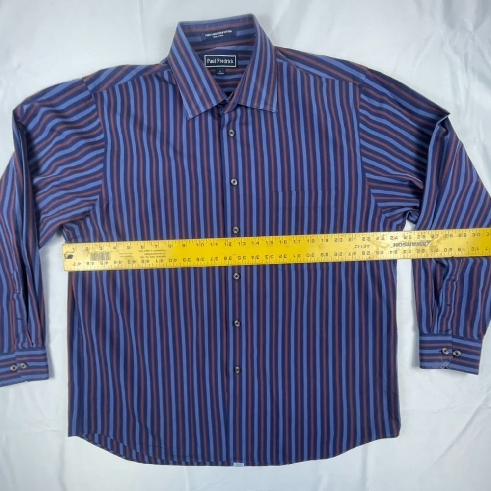 PAUL FREDRICK MENS LARGE BLUE BURGUNDY STRIPED DRESS SHIRT LONG SLEEVE 100% COTT - Picture 3 of 9